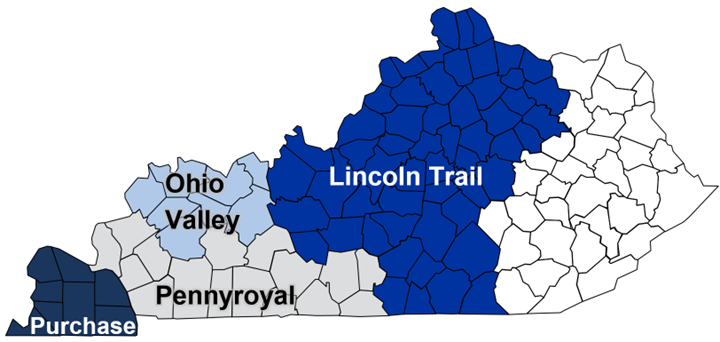 Map of KFBM regions with each region shaded (Purchase, Pennyroyal, Ohio Valley, and Lincoln Trail)